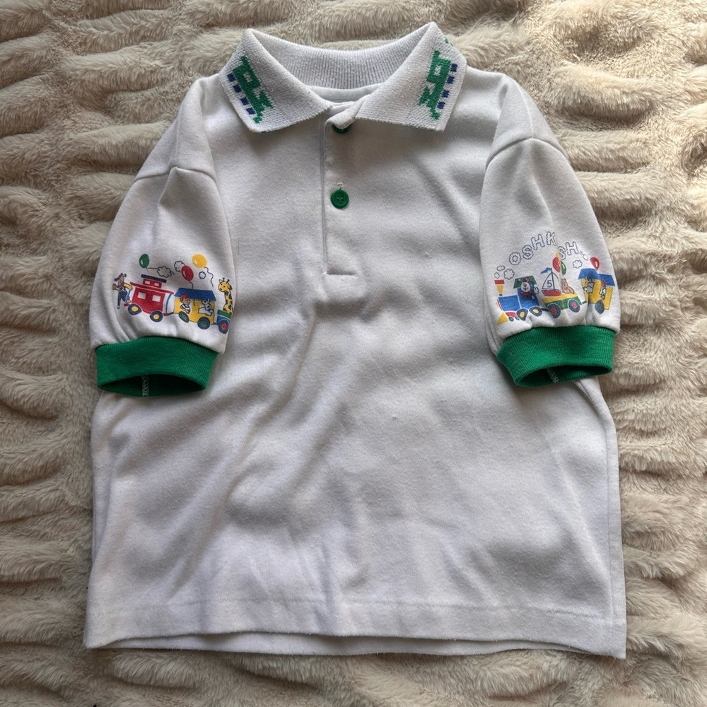 Vintage OshKosh The Genuine Article Kids Train Polo with Green Accents